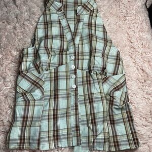 Summer Blue Plaid Sleeveless Button-Up Top